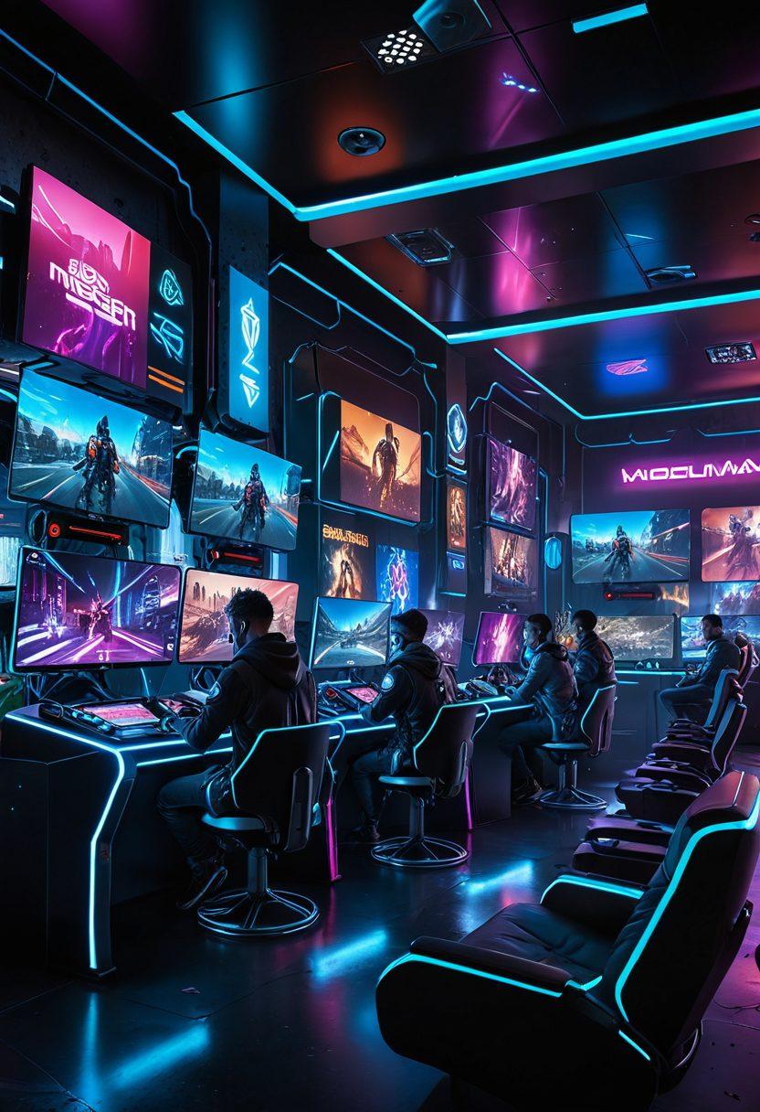 A futuristic gaming landscape with vibrant neon colors, showcasing diverse gamers immersed in various gaming experiences. Include elements like advanced technology, holographic interfaces, and a bustling community atmosphere. Capture the essence of collaboration and innovation in gaming. cyberpunk style. vibrant colors. 3D.