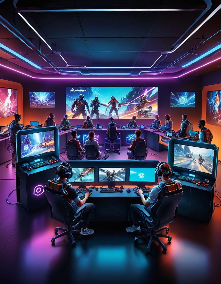 An engaging, dynamic illustration showcasing diverse gamers in a futuristic playbox environment, immersed in various gaming consoles and virtual reality. Highlight vibrant screens displaying trending games and analytics charts, with an inclusivity theme. Use bold colors and an energetic composition to convey excitement and community spirit. futuristic, vector art, vibrant colors.
