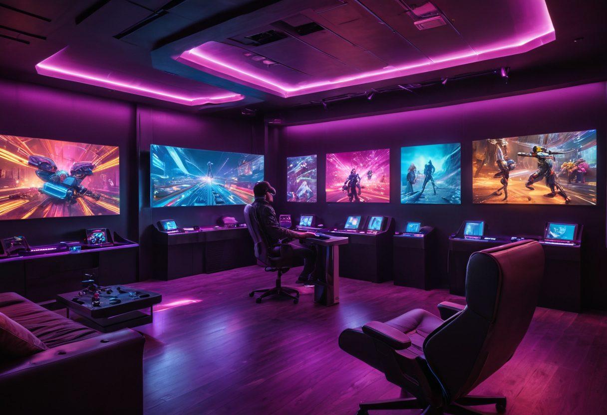 A futuristic gaming room filled with sleek virtual reality gear, holographic screens displaying vibrant gaming updates and strategies. Include a diverse group of passionate gamers engaged in intense discussions, surrounded by dynamic lighting and colorful game art in the background. The atmosphere should feel energetic and innovative, hinting at the evolution of entertainment. 3D. vibrant colors. cyberpunk.